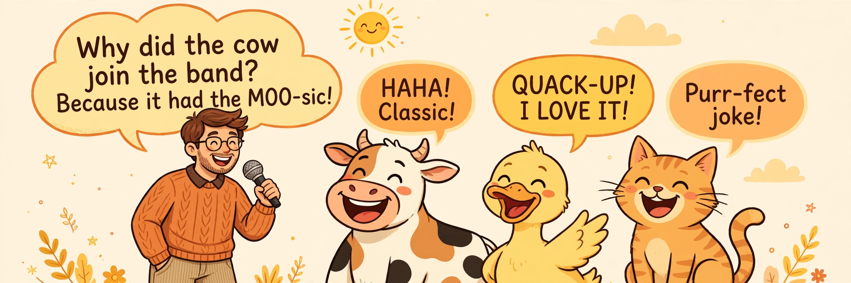 Illustration of a dad with a microphone telling a joke — “Why did the cow join the band? Because it had the moo-sic!” — to a laughing cow, duck, and cat under a smiling sun